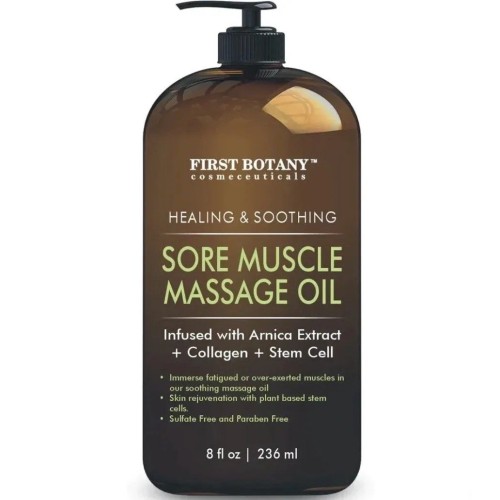 Arnica Sore Muscle Massage Oil - for Massage Therapy & Best Natural Therapy Oil with Lavender, Mint & Chamomile Essential Oils, Collagen & Stem Cells - Therapeutic Oils for Body & Massage Lotion 8 oz