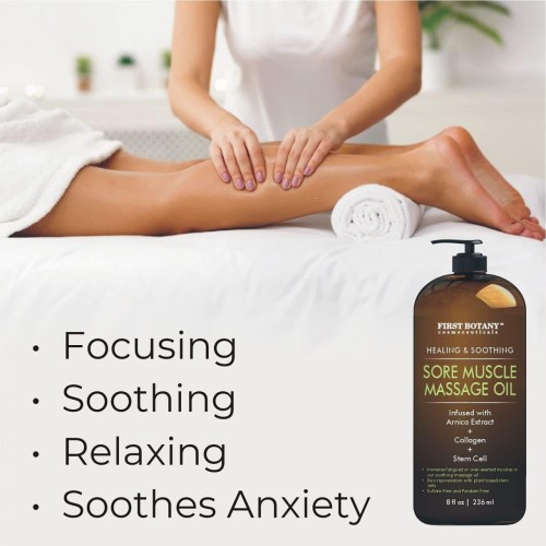 Arnica Sore Muscle Massage Oil - for Massage Therapy & Best Natural Therapy Oil with Lavender, Mint & Chamomile Essential Oils, Collagen & Stem Cells - Therapeutic Oils for Body & Massage Lotion 8 oz