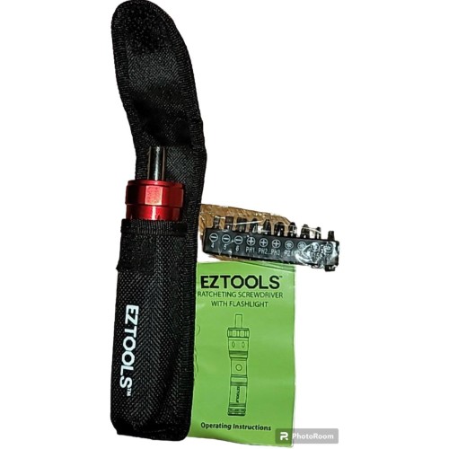 EZ Tools Ratcheting Screwdriver w/ Flashlight With 10 Bits and Belt Case BN