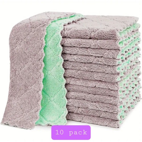 kimteny 10 Pack Kitchen Cloth Dish Towels, Premium Dishcloths, Super Absorbent Coral Velvet Dishtowels, Nonstick Oil Washable Fast Drying (Green-Grey)