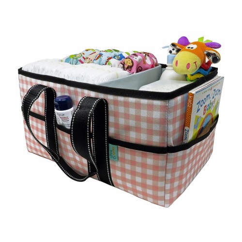 Early Hugs Baby Diaper Caddy Organizer, Nursery Storage, Baby Gift Basket, Pink& White Plaid