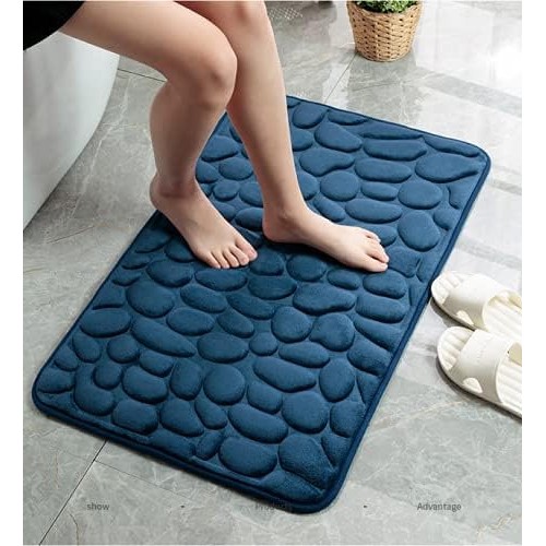 Cobblestone Embossed Bathroom Bath Mat Non-Slip Carpets in Wash Basin Bathtub Side Floor Rug Shower Room Doormat Memory Foam Pad for Bathroom Machine Washable Bath Rugs (Dark Blue, 40*60CM/16*24inch)