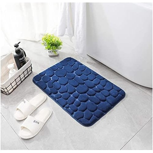 Cobblestone Embossed Bathroom Bath Mat Non-Slip Carpets in Wash Basin Bathtub Side Floor Rug Shower Room Doormat Memory Foam Pad for Bathroom Machine Washable Bath Rugs (Dark Blue, 40*60CM/16*24inch)