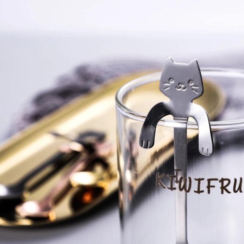  Cartoon Cat Long Handle Stainless Steel Soup Dessert Cake Coffee Spoon Cutlery Cutlery For Children Silver 2pc