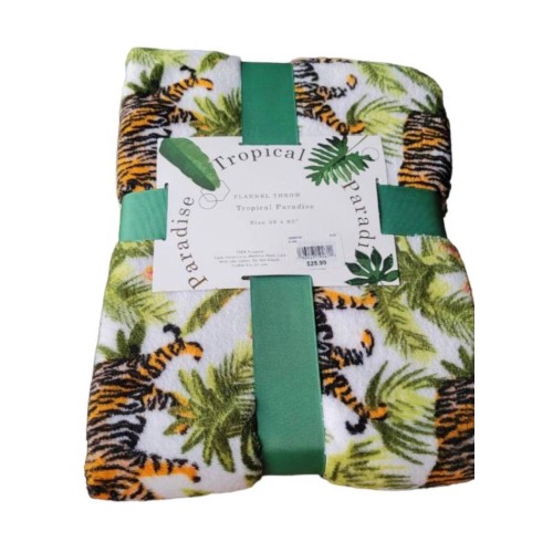 Tropical Paradise Flannel Throw Blanket. Palm & Tiger Print 50 × 60"