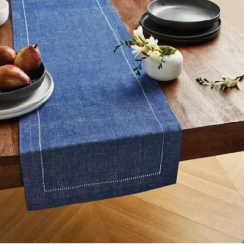 Our Table Coastal Sodalite Blue Hemstitch 90in Linen Cotton Blend Table Runner