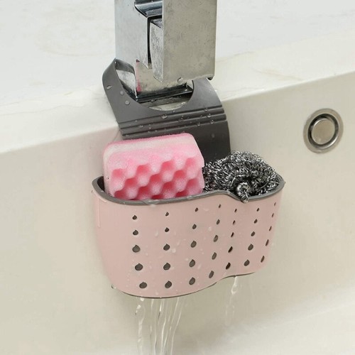 EC ELEGANTCHARM Kitchen Sink Caddy Sponge Holder Silicone Plastic Soap Holder Hanging Ajustable Strap Faucet Caddy with Drain Holes for Drying Pink