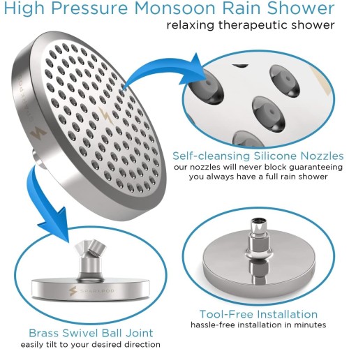 SparkPod Shower Head - High Pressure Rain - Luxury Modern Chrome Look - Tool-less 1-Min Installation - Adjustable Replacement for Your Bathroom Shower Heads (Luxury Polished Chrome, 6 Inch Round)