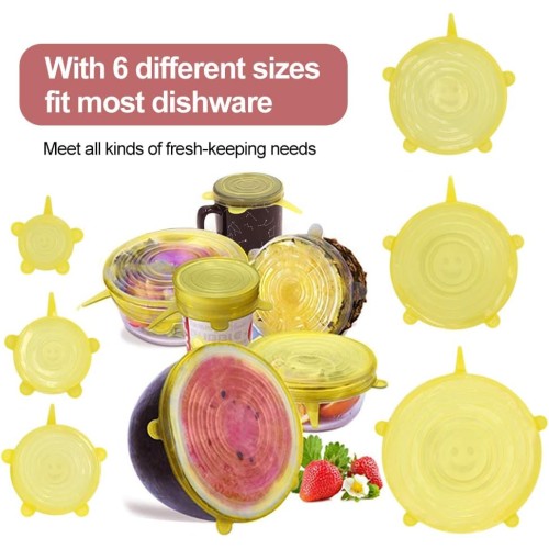 Set of 6 Reusable Kitchen Silicone Stretch Lids, Airtight Covers for Food Storage, Various Sizes Seal Stretch Wrap Cover for Containers, Cups, Plates, Microwave (Yellow)