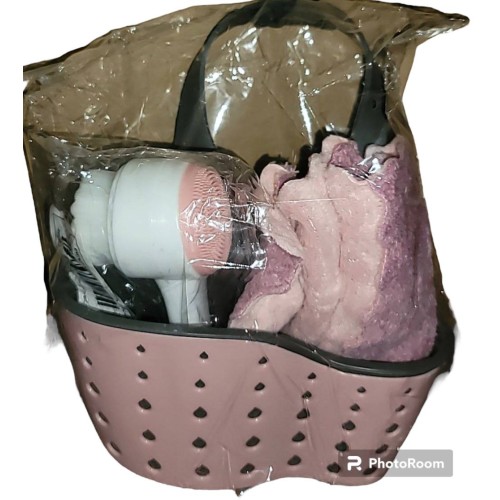 3 piece set.  Silicone Dual-action pink facial cleansing brush - microfiber plush cleansing cloth- 2 in 1 hanging caddy