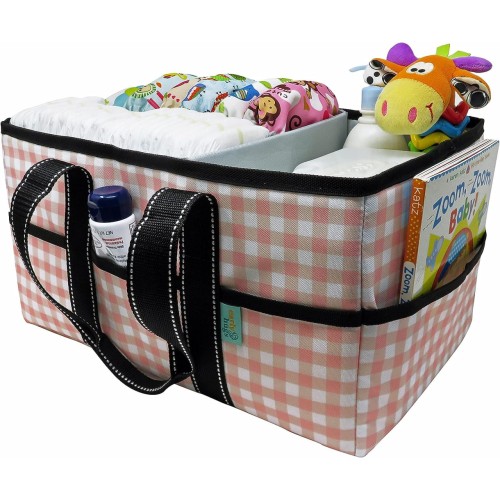 Early Hugs Baby Diaper Caddy Organizer, Nursery Storage, Baby Gift Basket, Black & White Plaid