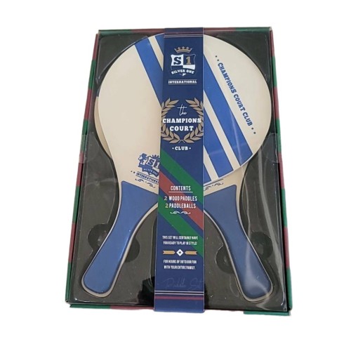 Champions Court Club Wooden Paddle & Ball Beach Set 2 Paddles 2 Balls BLUE OB.