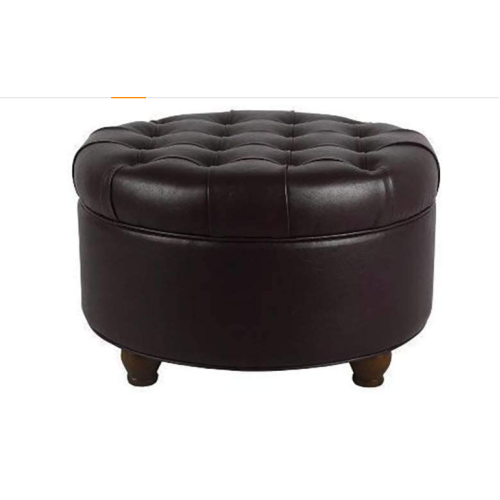 Homepop Home Decor | Large Button Tufted Faux Leather Round Storage Ottoman | Ottoman with Storage for Living Room & Bedroom (Distressed Brown)