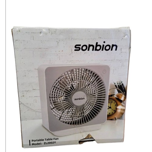 SONBION Box Fan, Three Speeds Window Table Cooling Fan 10 Inch DC Desk Fan with Plug-In AC Adapter