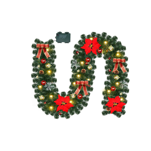 Lulu Home Christmas Garland, 9FT Pre-lit 40 LED Christmas Garland with 24 Xmas Balls, Battery Operated Christmas Lighted Poinsettia Garland Indoor Outdoor for Fireplace, Staircase, Railing Decoration