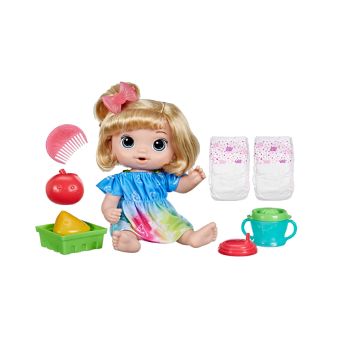 Baby Alive Fruity Sips Doll, Apple, Toys for 3 Year Old Girls, 12-inch Baby Doll Set, Drinks & Wets, Pretend Juicer, Kids 3 and Up, Blonde Hair