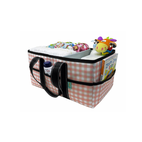 Early Hugs Baby Diaper Caddy Organizer, Nursery Storage, Baby Gift Basket, Pink & White Plaid