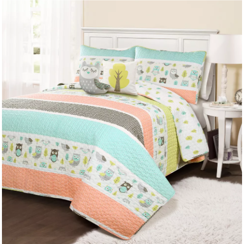 5pc Full/Queen Kids' Owl Striped Reversible Quilt Set with Owl Throw Pillow Coral - Lush Décor