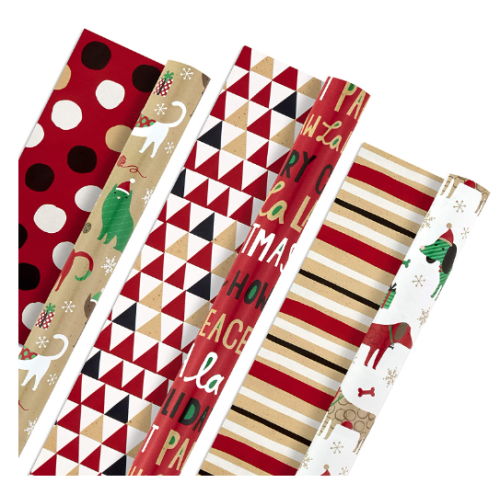 Hallmark Christmas Reversible Wrapping Paper Bundle, Pets and Patterns