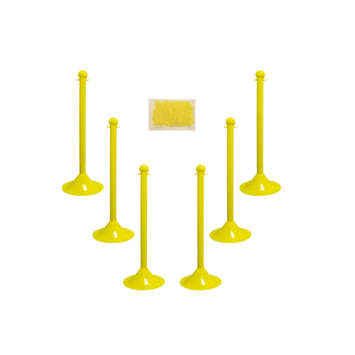 Mr. Chain Plastic Stanchion Kit with 50 Feet of 2-Inch Link Chain and C-Hooks, Yellow, Pack of 6 (71002-6)