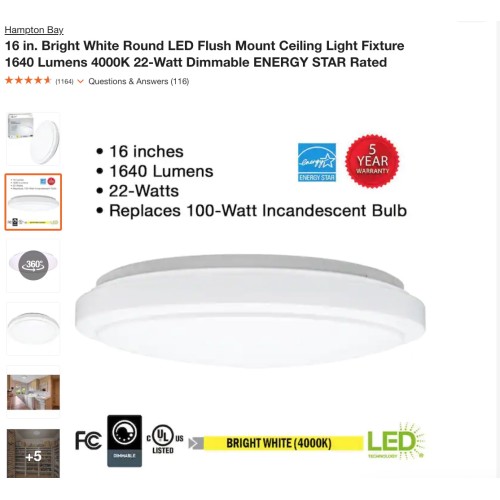 Commercial Electric 16 in. Round LED Flush Mount Ceiling Light 22 Watt Dimmable