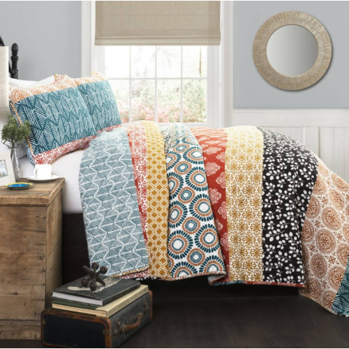 Bohemian Stripe Quilt Turquoise/Orange 3Pc Set Full/ King - Lush Decor C43134P15-000