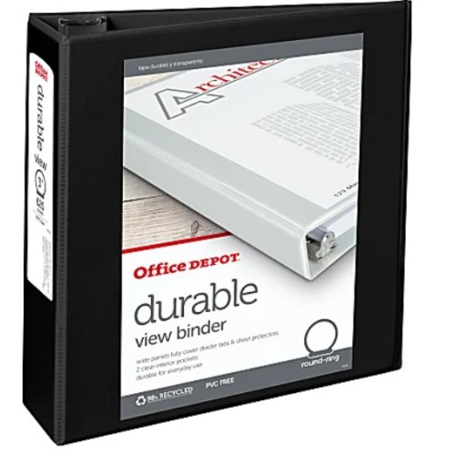 Office Depot® Brand Durable View 3-Ring Binder, 3" Round Rings (2 pack)