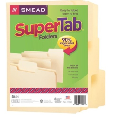 SuperTab File Folders, Letter Size, 1/3-Cut, No Fastener, 11pt. Manila, 24/Pack