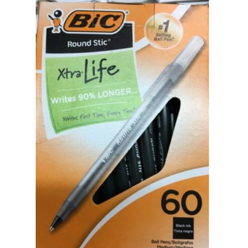 Bic Round Stic Ball Pens Medium Black 60/pack GSM609 ,13162