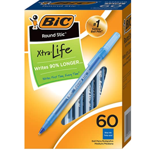 BIC Round Stic Xtra Life Ballpoint Pen, Medium Point (1.0mm), Blue, Flexible Round Barrel For Writing Comfort, 60-Count