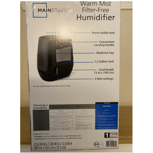 Mainstays 1.2 Gallon Warm Mist Humidifier, HF3102BL, Black