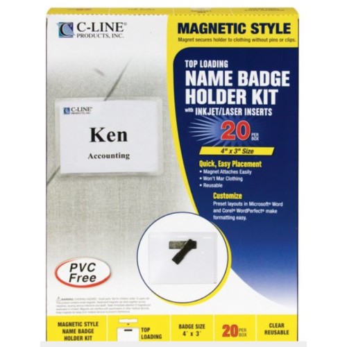 C-Line Magnetic Name Badge Holder Kit, Horizontal, 4w x 3h, Clear, 20/Box