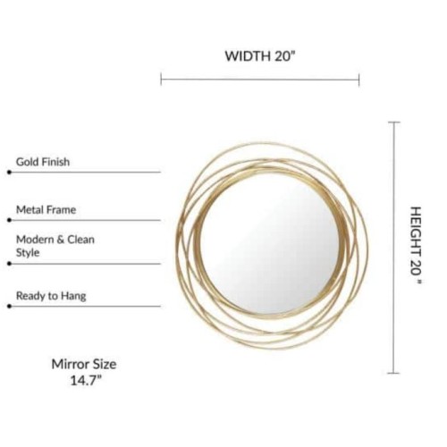 20" DIA Framed Gold Round Wall Mirror, Circle Rings Hanging Modern Metal Frame Accent Wall Decor