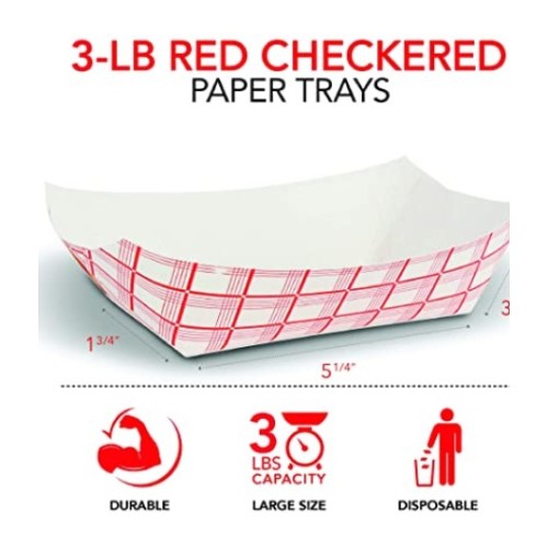 Paper Food Boats (250 Pack) Disposable Red and White Checkered Paper Food Trays 3 Lb - Eco Friendly Red Paper Food Trays 5.75" x 3" – Serving Boat for Concession Food and Condiments, Paper Food Basket