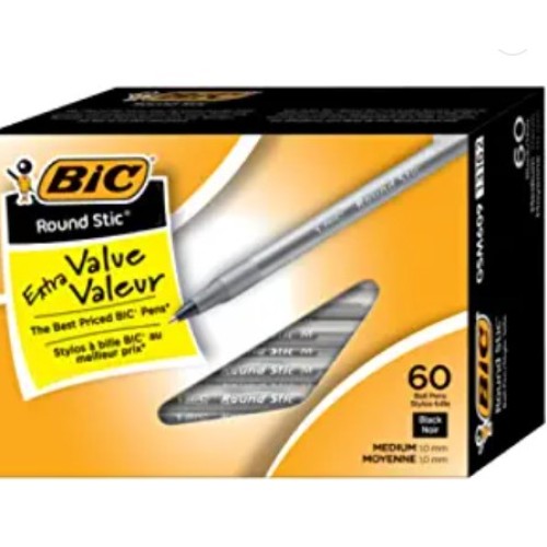 BIC Round Stic Xtra Life Ballpoint Pen, Medium Point (1.0mm), Black, Flexible Round Barrel For Writing Comfort, 60-Count 