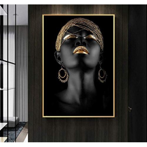 African American Canvas Prints Black Woman Portrait Photography with Gold Accents Wall Art Posters Decoration for Home Office Decor(16x24 Inches, Unframed)