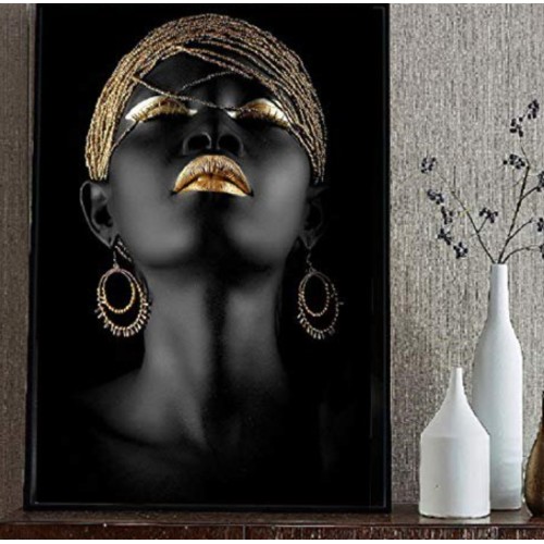 African American Canvas Prints Black Woman Portrait Photography with Gold Accents Wall Art Posters Decoration for Home Office Decor(16x24 Inches, Unframed)