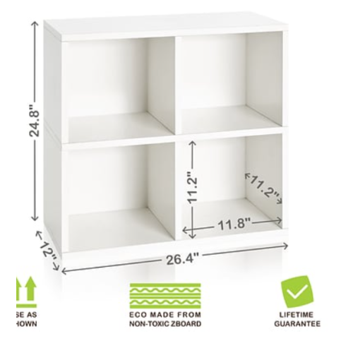 Way Basics 24.8"H 4 Cubby Bookcase, Stackable Organizer and Modern Eco Storage Shelf, White