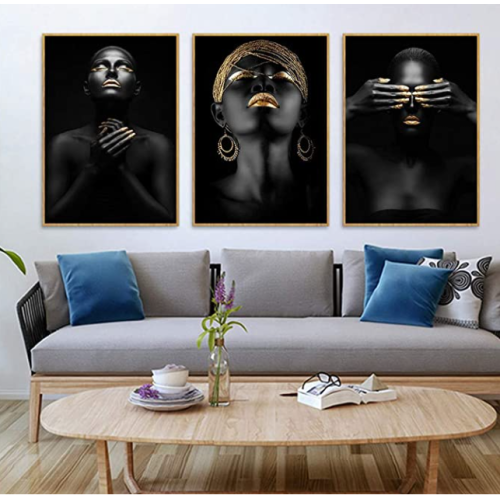 3 Pcs African American Wall Art Canvas Black Woman Portrait Photography with Gold Earrings Necklace Wall Art Poster Modern Art Decor Painting for Home Decorations(Unframed,8x10 inches)