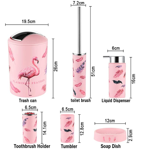 JOTOM 6 Pieces Bathroom Accessories Set,Plastic Bathroom Accessories Toothbrush Holder,Cup,Soap Dish,Hand Sanitizer Bottle,Trash Can,Toilet Brush (Flamingo)