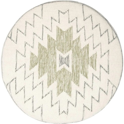 Creative Co-Op Cream, Grey & Green Round Wool Blend Kilim Pouf Seating, 28”, Grey