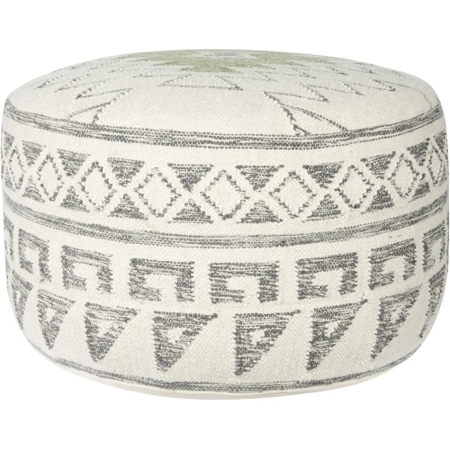 Creative Co-Op Cream, Grey & Green Round Wool Blend Kilim Pouf Seating, 28”, Grey