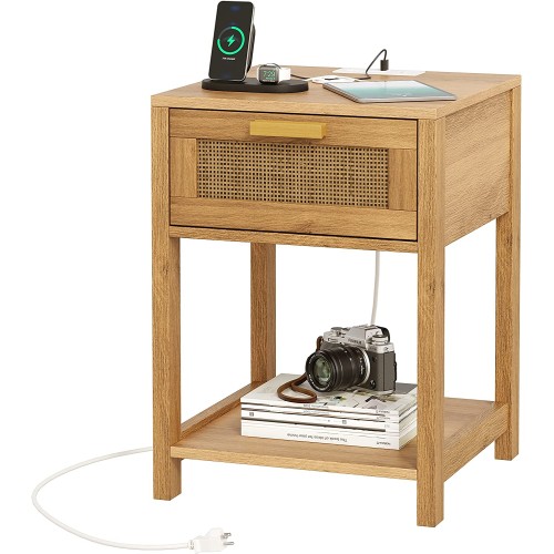  Rovaurx Rattan Nightstand with Charging Station, Wooden End Table with Storage Drawer and Opening Shelf, Side Table, Natural RCTG109ME