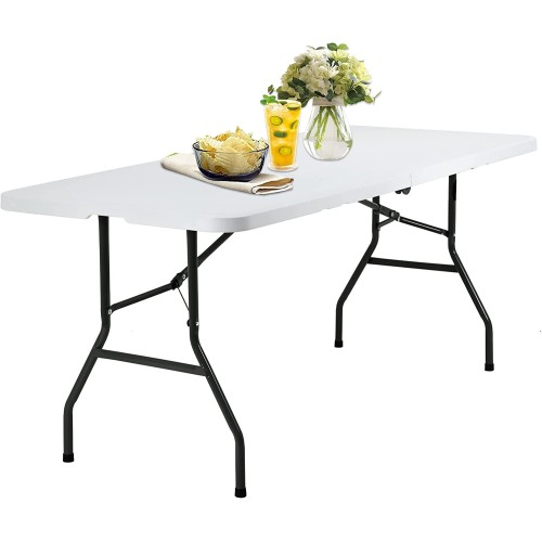 Portable Folding Table, 6 Foot Picnic Table White Plastic Table with Carrying Handle for Parties or Picnic