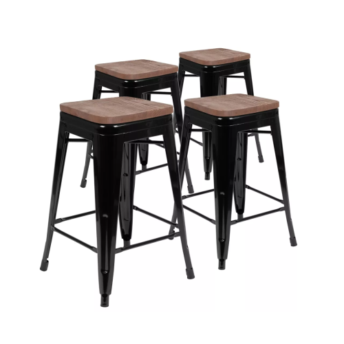 24" High Metal Counter-Height, Indoor Bar Stool with Wood Seat - Stackable Set of 4 Matte Black/Wood 