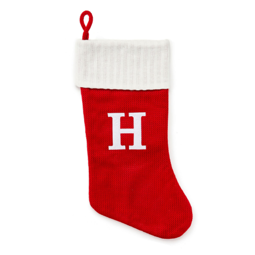 "H" Monogram Red Knit Stocking with White Trim