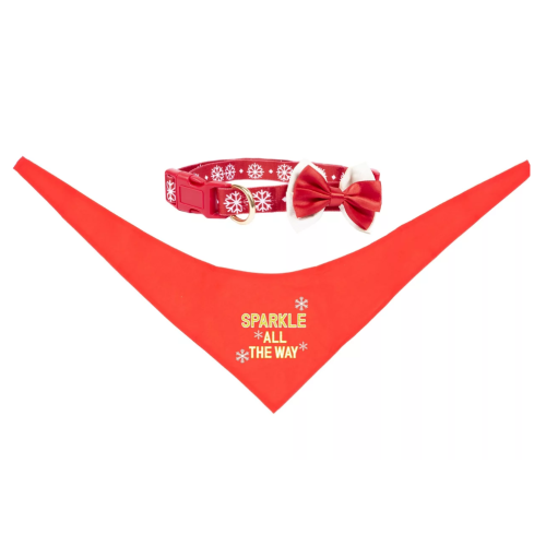 Simply Pet  "Sparkle All The Way" Red Bandana & Collar Set (S,M,L -Universal Adjusted Fit)