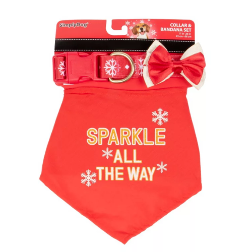 Simply Pet  "Sparkle All The Way" Red Bandana & Collar Set (S,M,L -Universal Adjusted Fit)