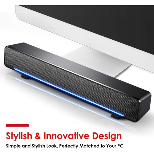 Phission USB Computer Speaker Dual Speaker Sound Bar with LED Light for Computer Smartphone Desktop Laptop TV Auxiliary Input Black