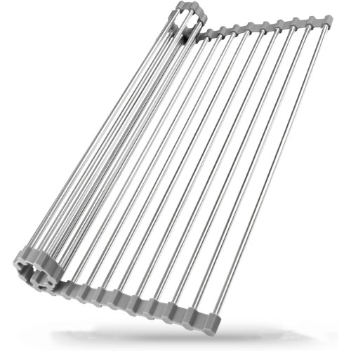 Stainless Steel Roll Up Over The Sink Dish Drainer, Tool for Many Kitchen Tasks (Grey, L)